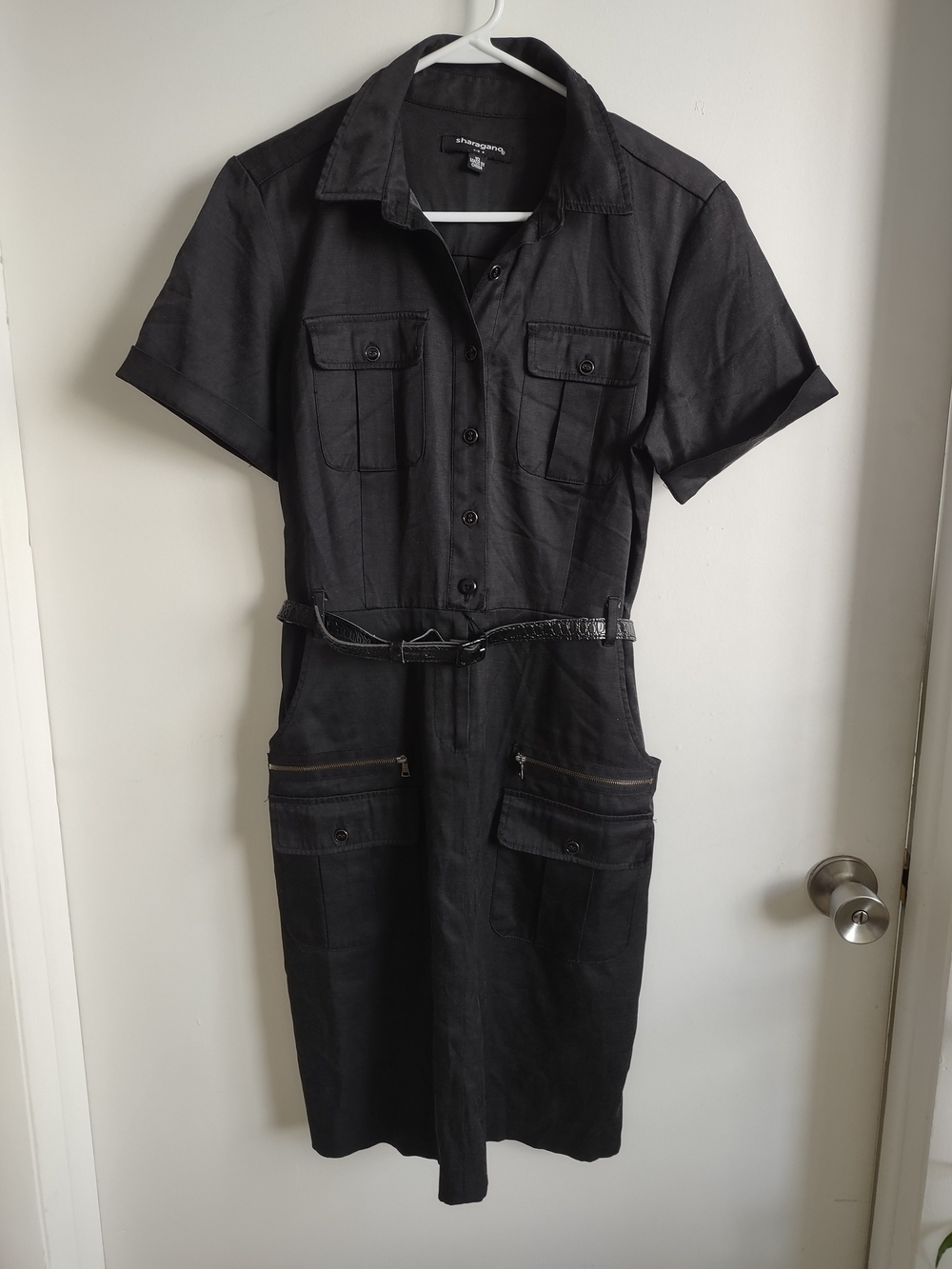 Sharangano Black Short-Sleeve Midi Shirt Dress with Belt